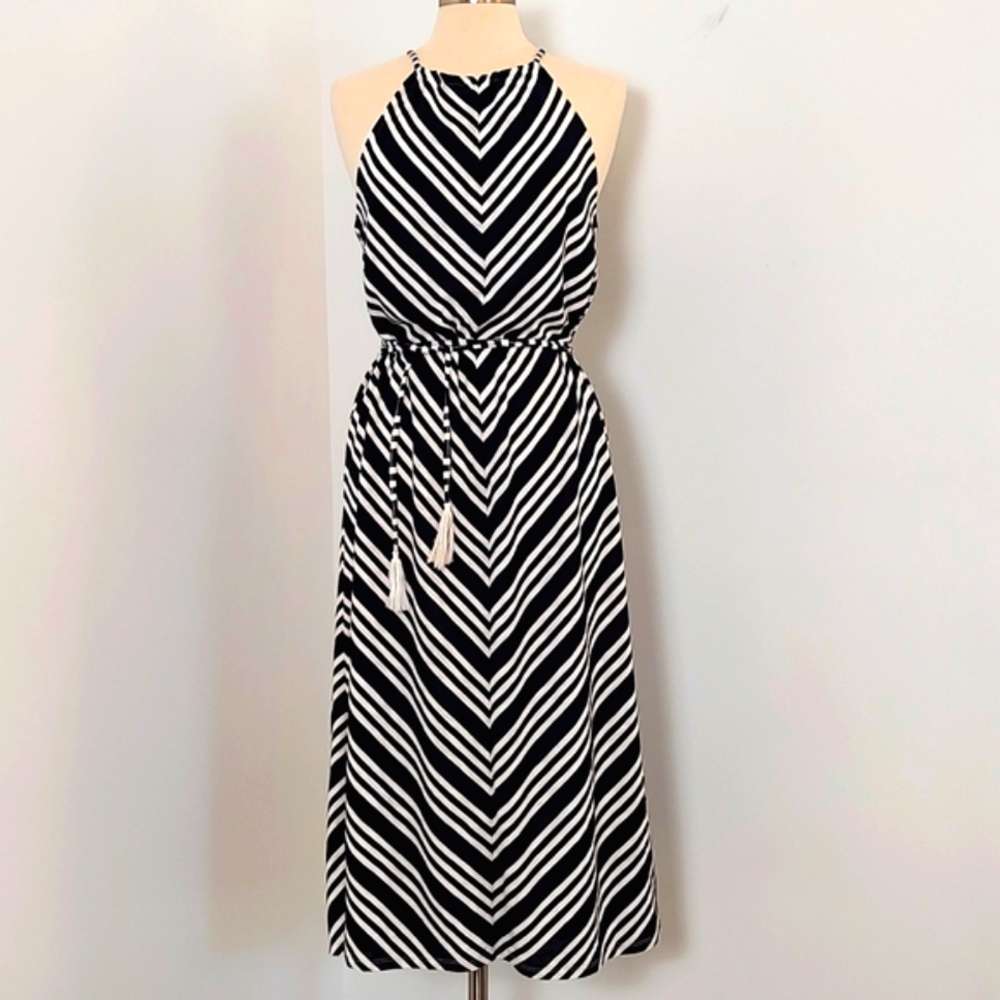 Cremieux Womens Navy & White Stripe Knit Fully Lined Halter Dress/Size L